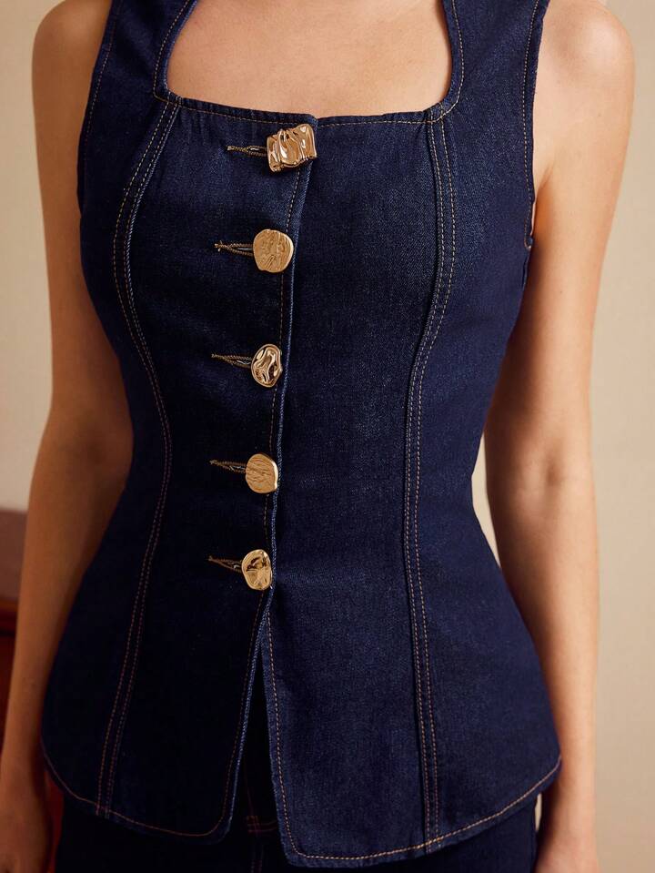 CM-TS464102 Women Casual Seoul Style Dark Wash Square Neck Sleeveless Metal Button Decoration Denim Vest