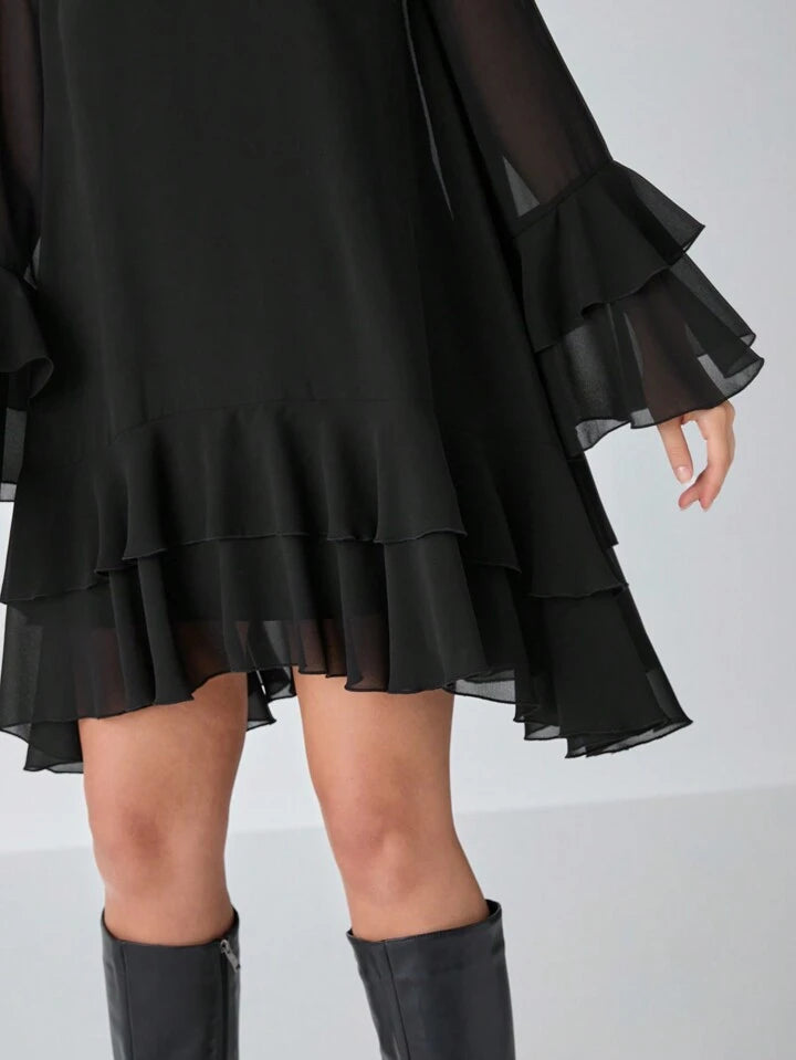 CM-DS399818 Women Elegant Seoul Style Solid Stand Collar Long Sleeve High Waist A-Line Dress - Black