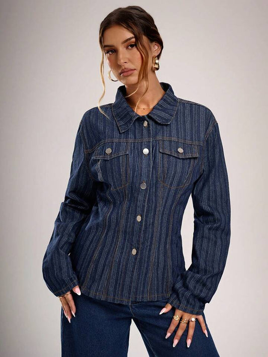 CM-CS338152 Women Casual Seoul Style Dark Wash Striped Collar Neckline Long Sleeve Denim Jacket
