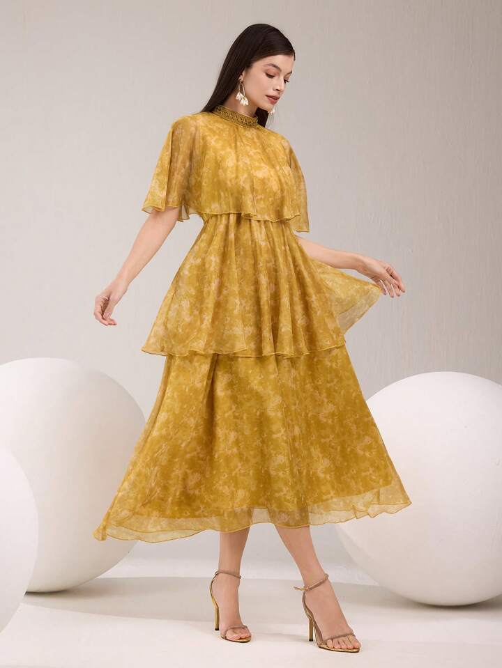 CM-DS651232 Women Elegant Seoul Style Stand Collar Flounce Sleeve Multi-Layered Mid-Length Dress - Yellow