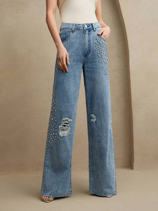 CM-BS971997 Women Elegant Seoul Style Mid Waist Rhinestone Studded Straight-Leg Jeans - Blue
