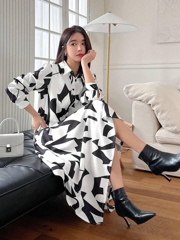 CM-DS352748 Women Casual Seoul Style All-Over Print Asymmetrical Hem Shirt Dress