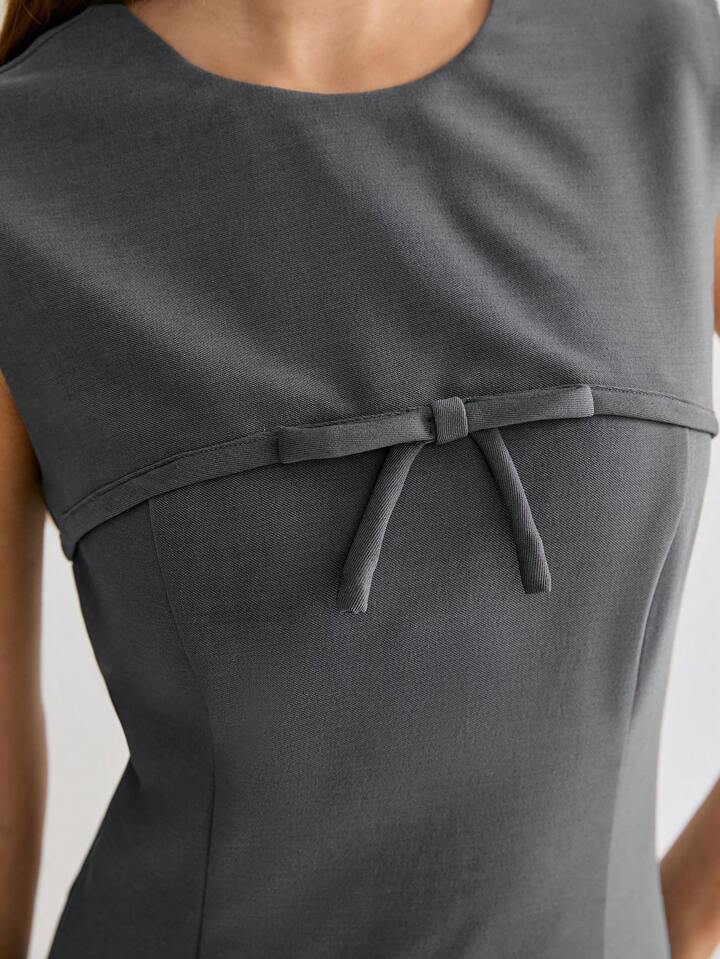 CM-DS694581 Women Casual Seoul Style Bowknot Round Neck Sleeveless Pleated Hem Short Dress - Gray