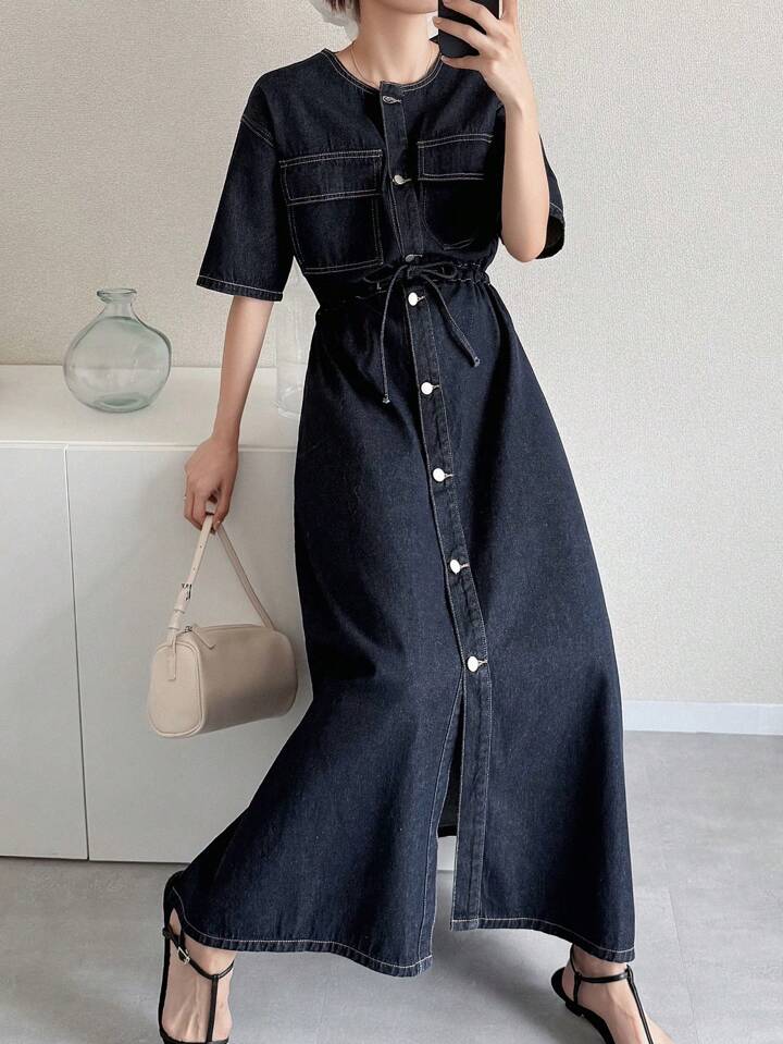CM-DS667863 Women Casual Seoul Style Dark Wash Round Neck Short Sleeve Cinched Waist Pockets Decor Seam Denim Dress