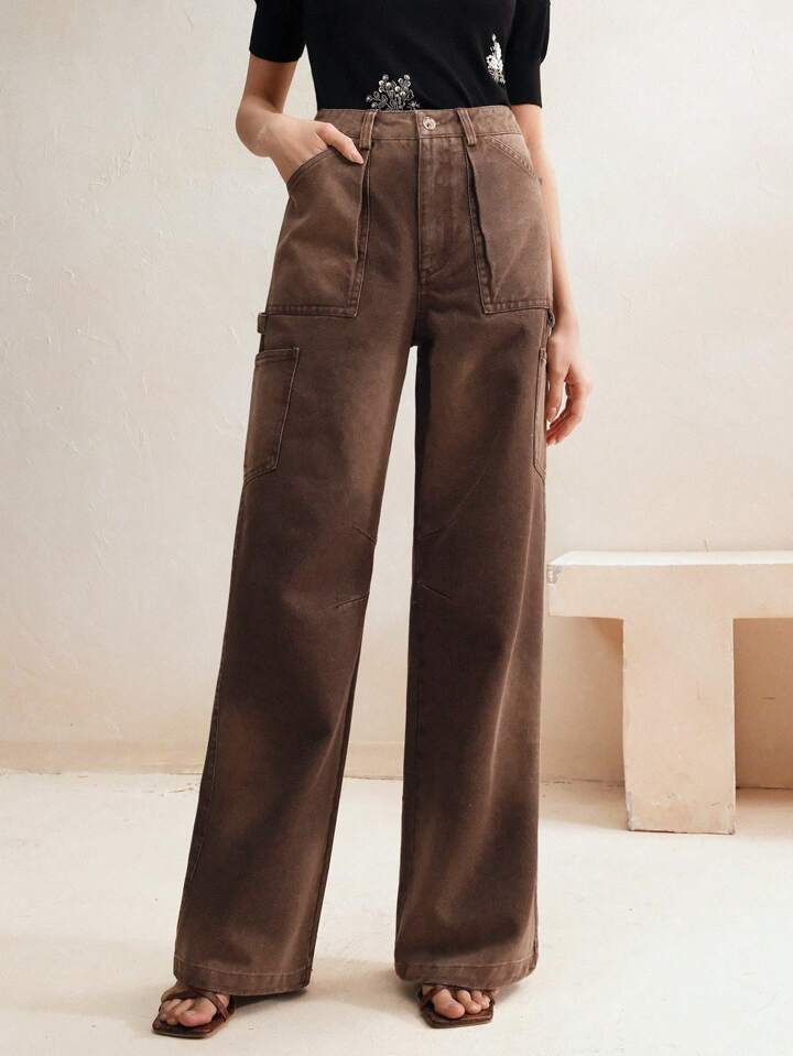 CM-BS448646 Women Casual Seoul Style Zipper Fly Loose Straight Leg Jeans - Coffee Brown