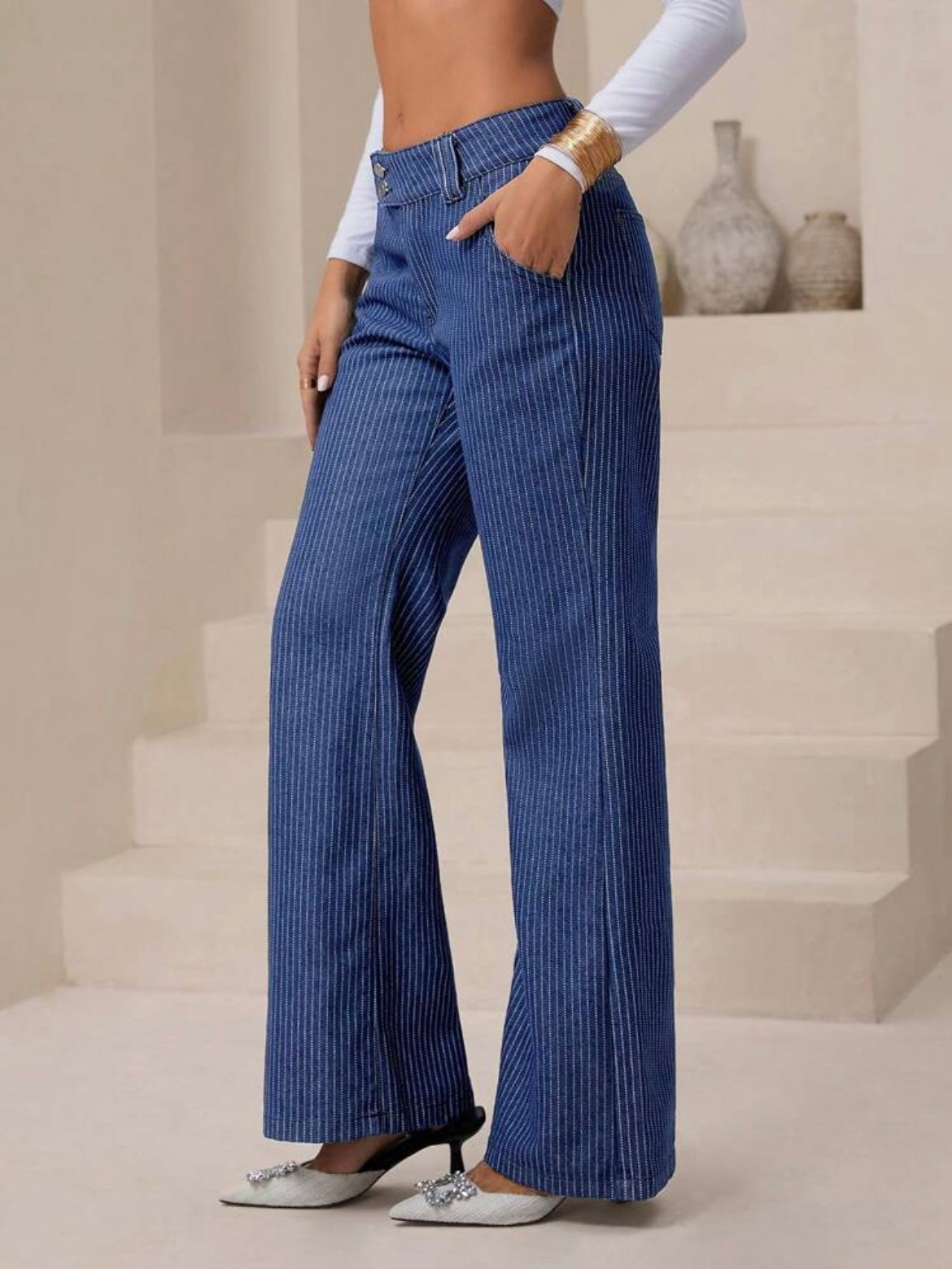 CM-BS003193 Women Casual Seoul Style Dark Wash Striped Pocket Flared Leg Jeans