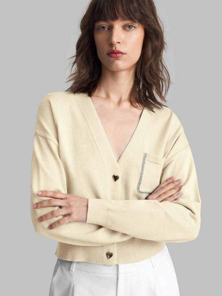 CM-CS143446 Women Casual Seoul Style Heart Shaped Button Front Cardigan - Apricot