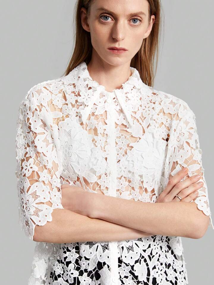 CM-TS357252 Women Casual Seoul Style Stand Collar Short Sleeve Lace Hollow Out Shirt - White