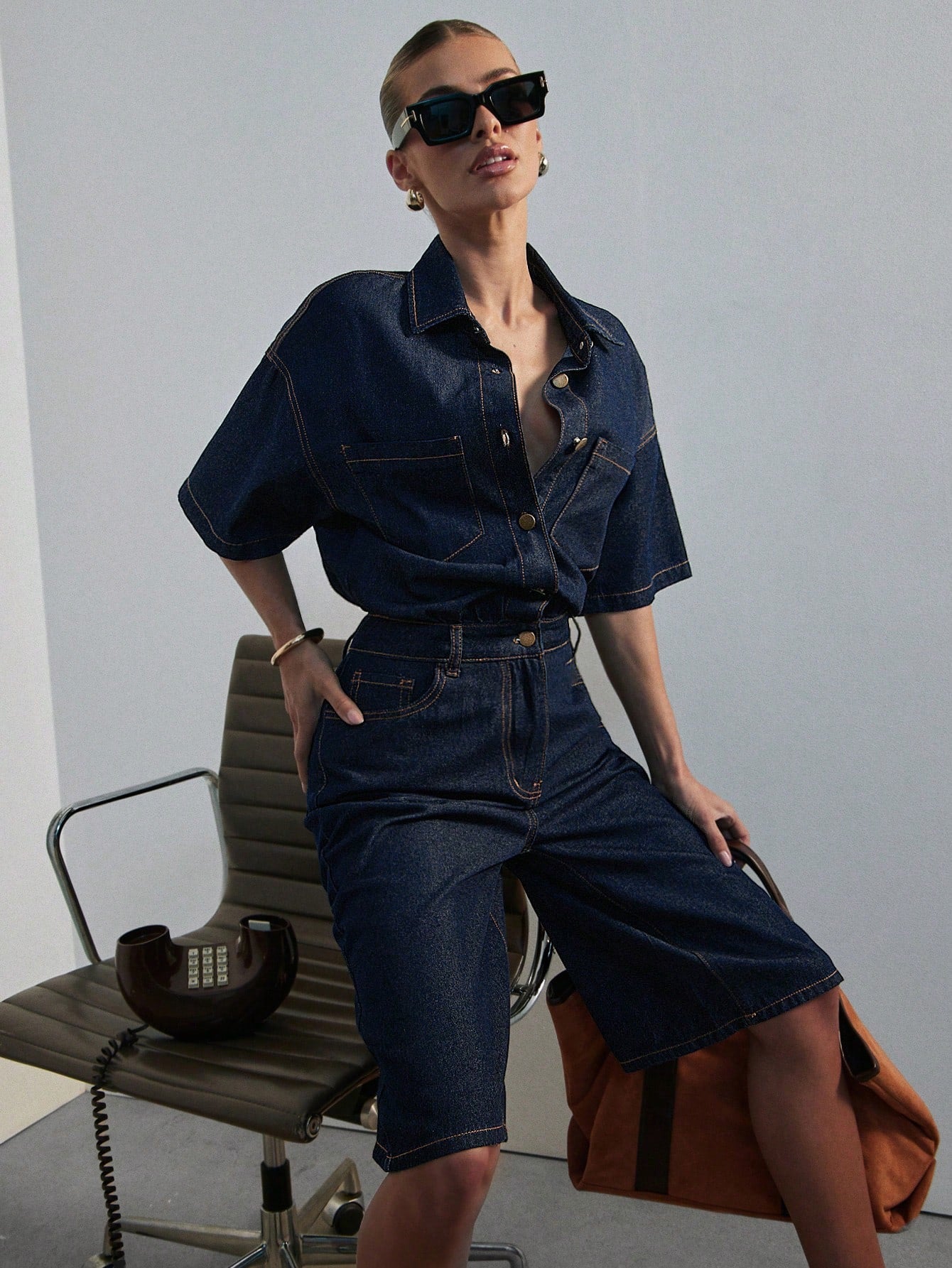 CM-JS876546 Women Casual Seoul Style Dark Wash Collared Short Sleeve Relaxed Denim Jumpsuit
