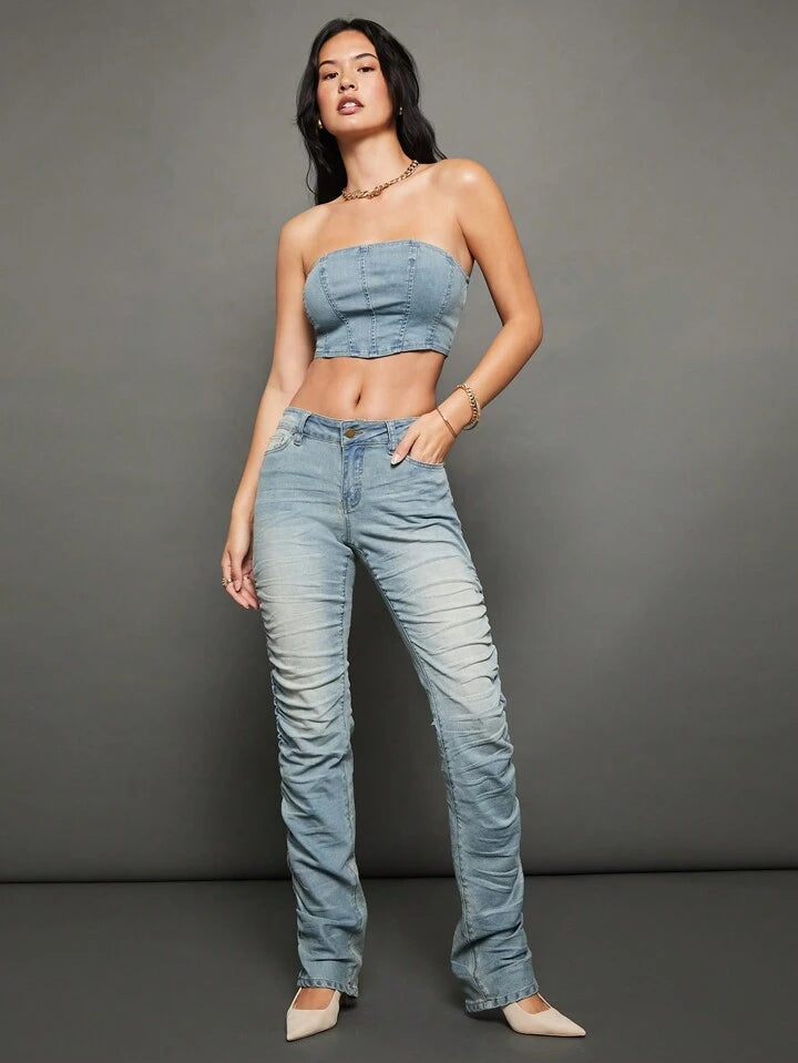 CM-BS318682 Women Casual Seoul Style Light Wash Drop Waist Stacked Straight Leg Jeans