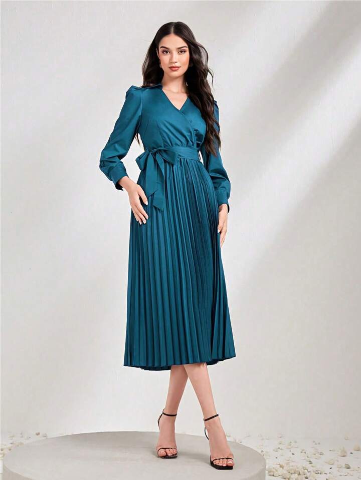 CM-DS800036 Women Elegant Seoul Style Solid Color Pleated Hem Wrap Belted Dress - Navy Blue