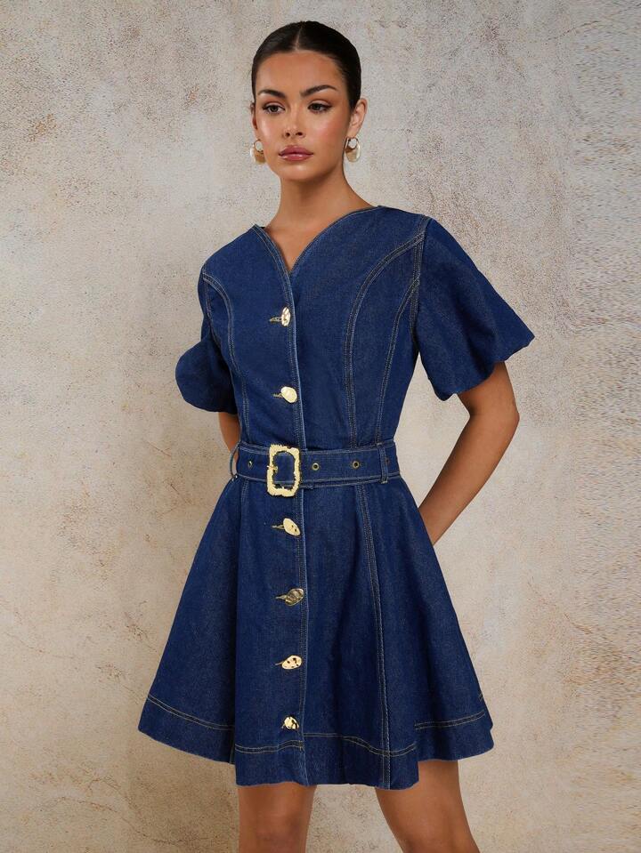 CM-DS515811 Women Casual Seoul Style V-Neck Puff Sleeve Ruched Waist A-Line Denim Dress - Blue