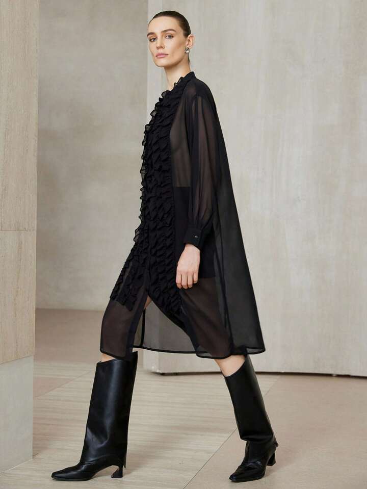 CM-TS498068 Women Casual Seoul Style Chiffon Sheer Ruffle Hem Design Multi-Layer Flowing Long Sleeve Blouse