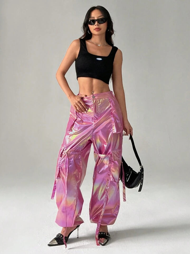 CM-BS227252 Women Casual Seoul Style Solid Color Laser Pocket Gathered Jogger Pants - Pink