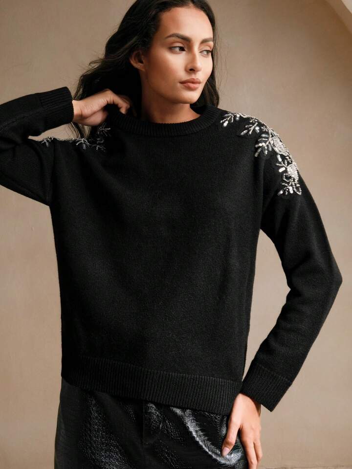 CM-CS888830 Women Casual Seoul Style Diamond Embellished Crew Neck Long Sleeve Sweater - Black