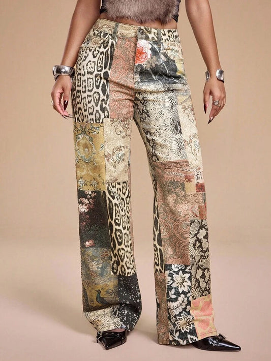 CM-BS879937 Women Casual Seoul Style Hippie Pattern Slim Straight Leg Ultra Low Waist Jeans