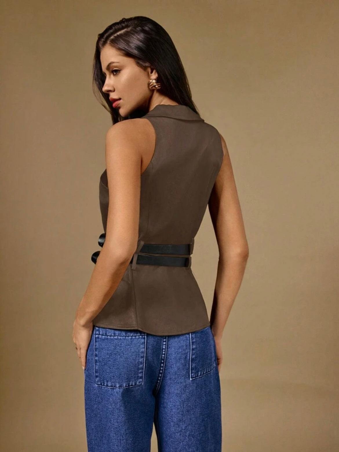 CM-TS239048 Women Casual Seoul Style Solid Color V-Neck Belted Sleeveless Blouse - Coffee Brown