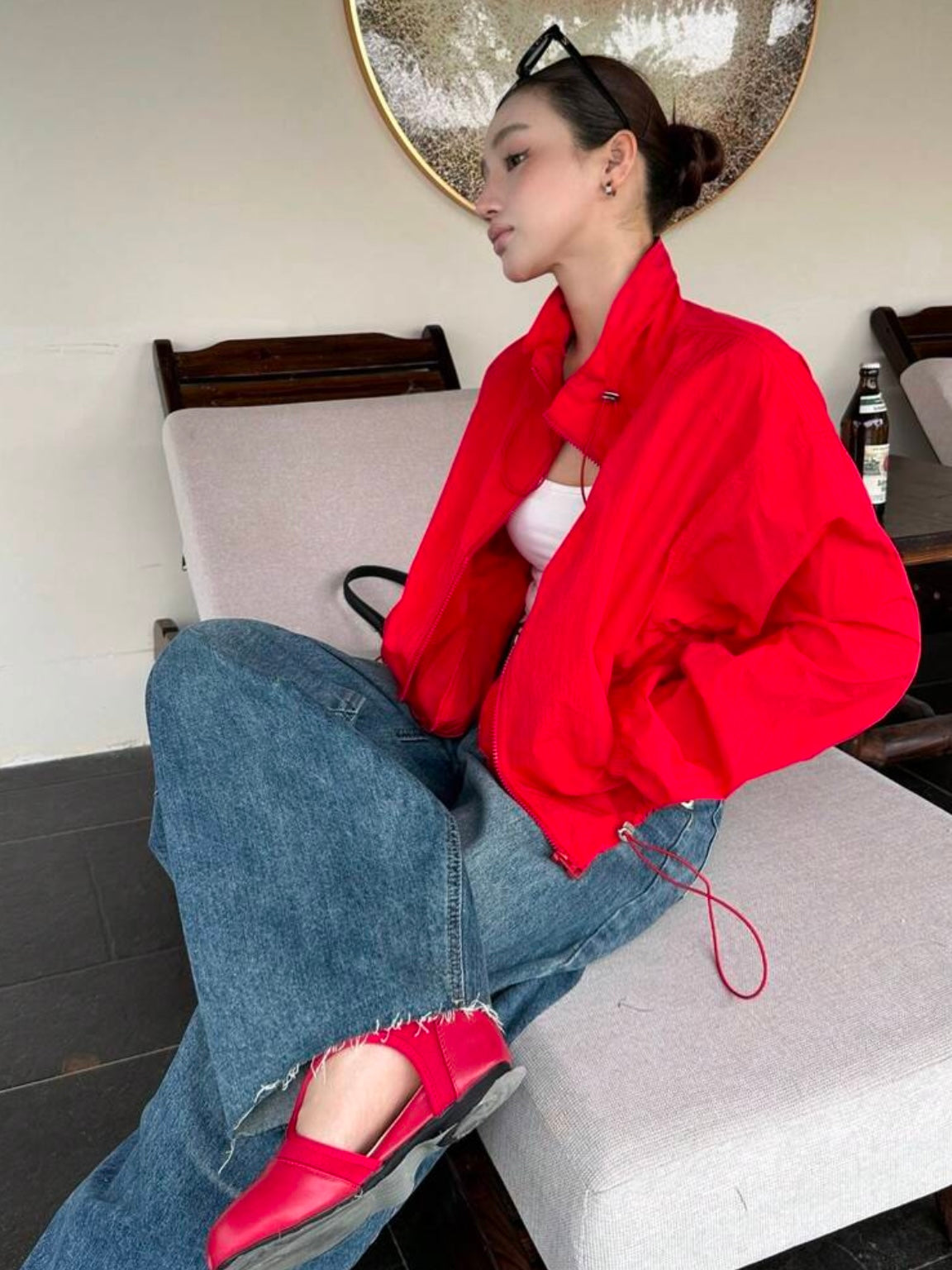 CM-CS791546 Women Casual Seoul Style Drawstring Collar Loose Fit Short Lightweight Jacket - Red