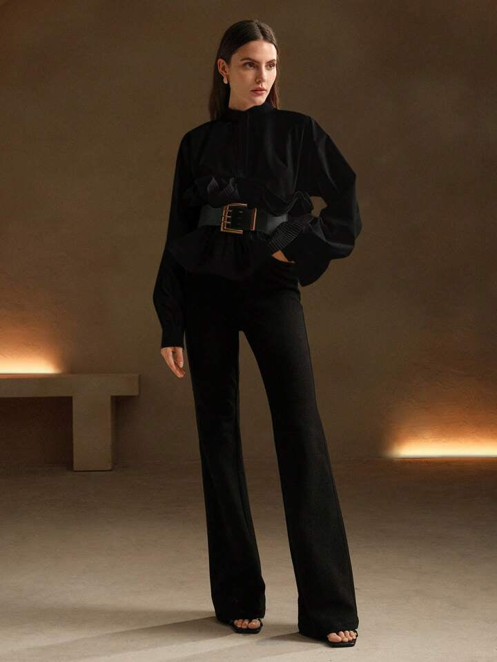 CM-TS065109 Women Elegant Seoul Style Waisted Multilayer Ruffle Hem Loose Blouse - Black