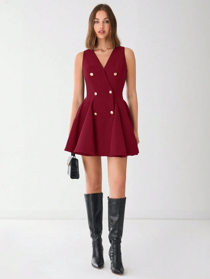 CM-DS856616 Women Elegant Seoul Style V-Neck Front Button Sleeveless A-Line Mini Dress - Burgundy