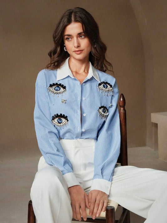 CM-TS851017 Women Elegant Seoul Style Riveted Rhinestone Embellished Blue Striped Patch-Up Shirt