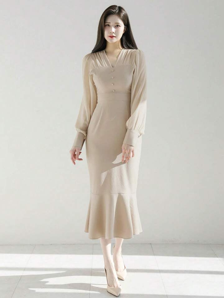 CM-DS531451 Women Elegant Seoul Style Solid Button Detail Long Sleeve Mermaid Hem Dress