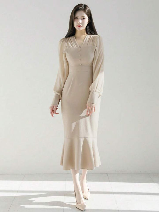 CM-DS531451 Women Elegant Seoul Style Solid Button Detail Long Sleeve Mermaid Hem Dress