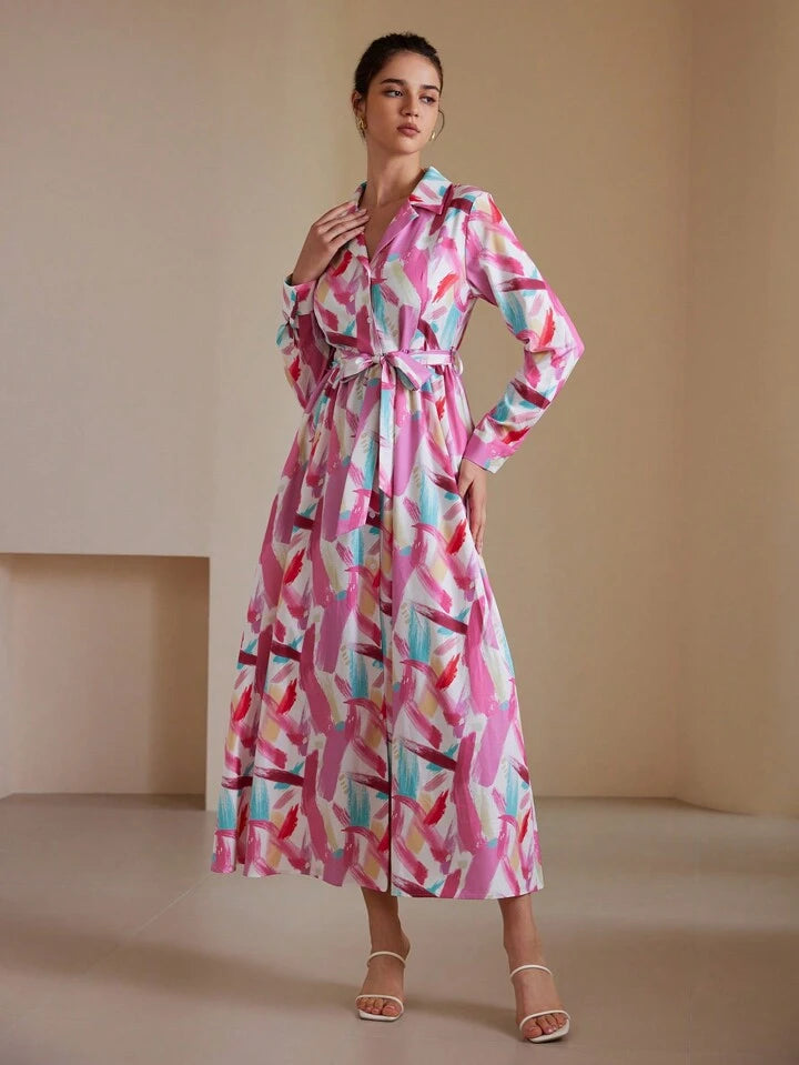 CM-DS442002 Women Casual Seoul Style Printed Turn-Down Collar Cinched Waist Waist Long Sleeve Dress