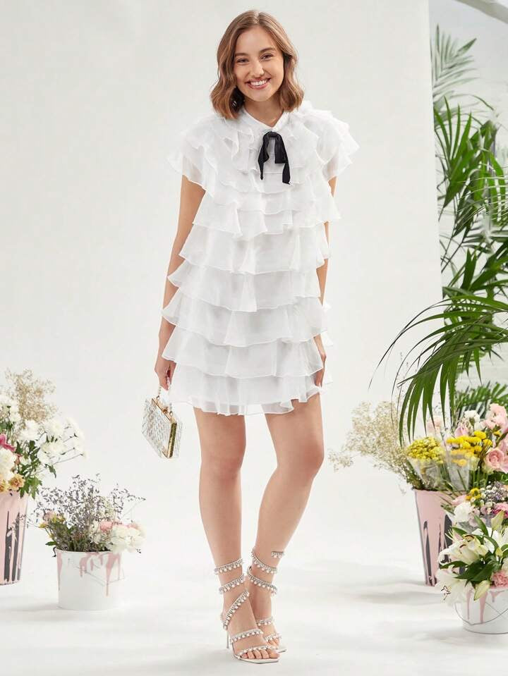 CM-DS601121 Women Elegant Seoul Style Tie Neck Short Sleeve Ruffle Trim Organza Dress