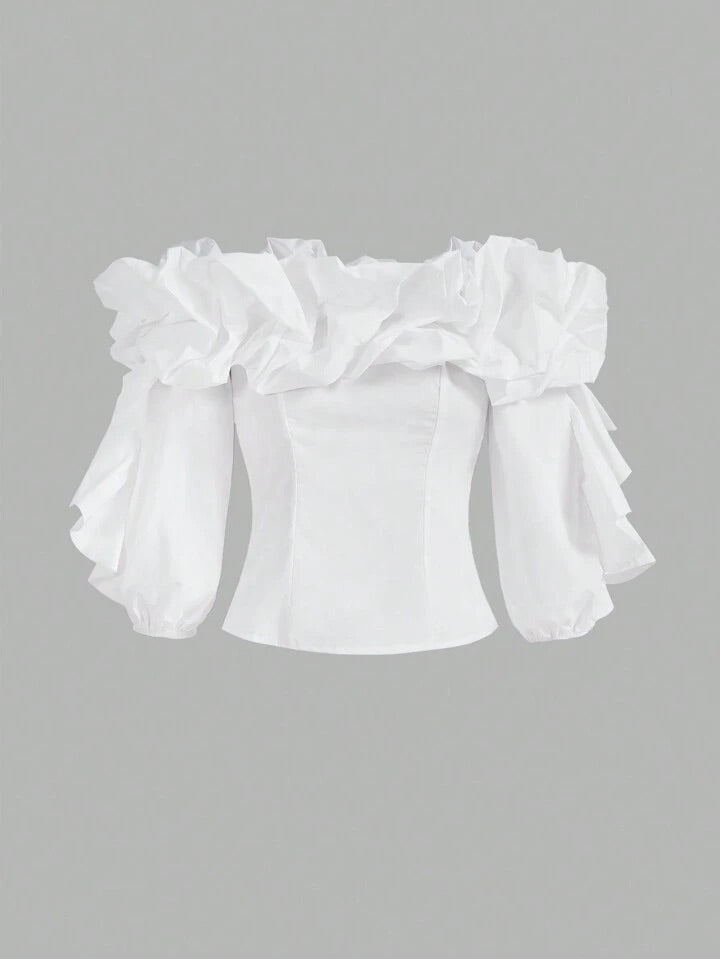 CM-TS435043 Women Elegant Seoul Style Off The Shoulder Exaggerated Ruffle Hem Shirt