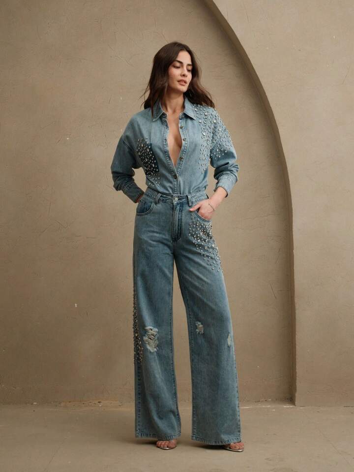 CM-BS971997 Women Elegant Seoul Style Mid Waist Rhinestone Studded Straight-Leg Jeans - Blue