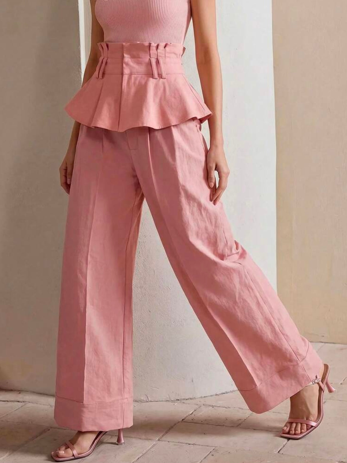CM-BS252879 Women Elegant Seoul Style Pleated High-Waist Ruffle Hem Wide Leg Jeans - Pink
