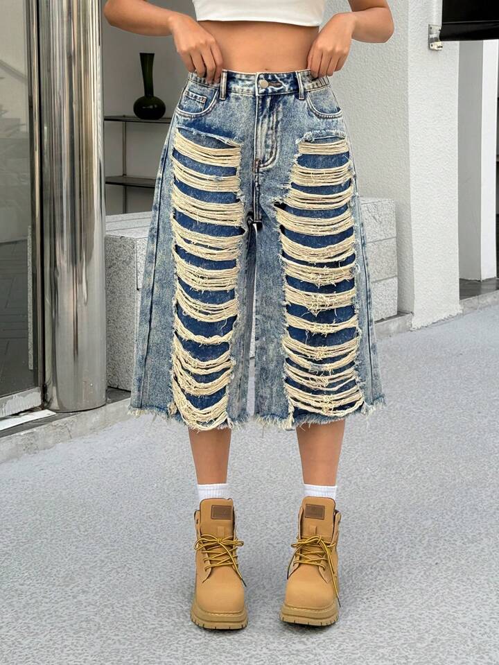CM-BS125088 Women Casual Seoul Style Pocket Distressed Fringe Relaxed Loose Fit Jeans - Blue