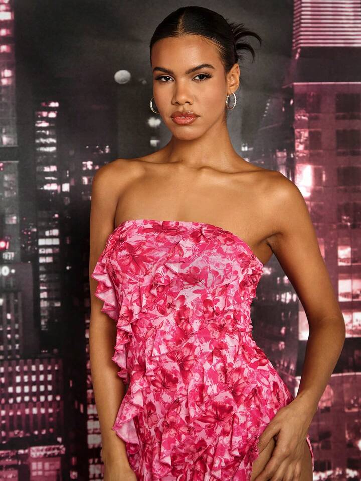 CM-DS843165 Women Casual Seoul Style Strapless Layered Floral Mermaid Long Dress - Hot Pink