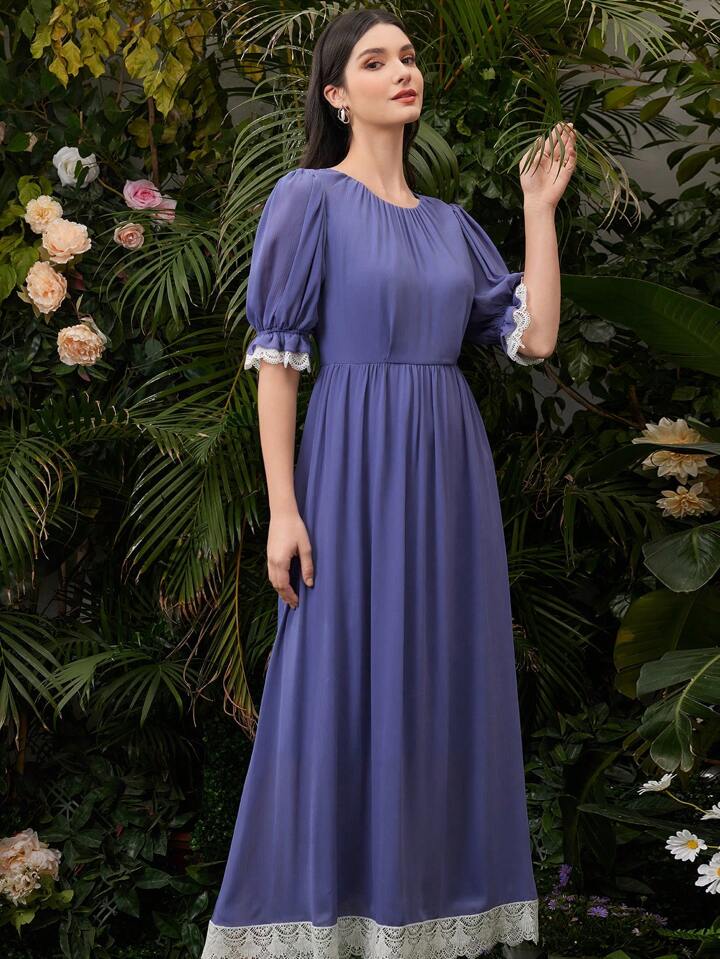 CM-DS187545 Women Casual Seoul Style Contrast Color Lace Trimmed Round Neck Dress