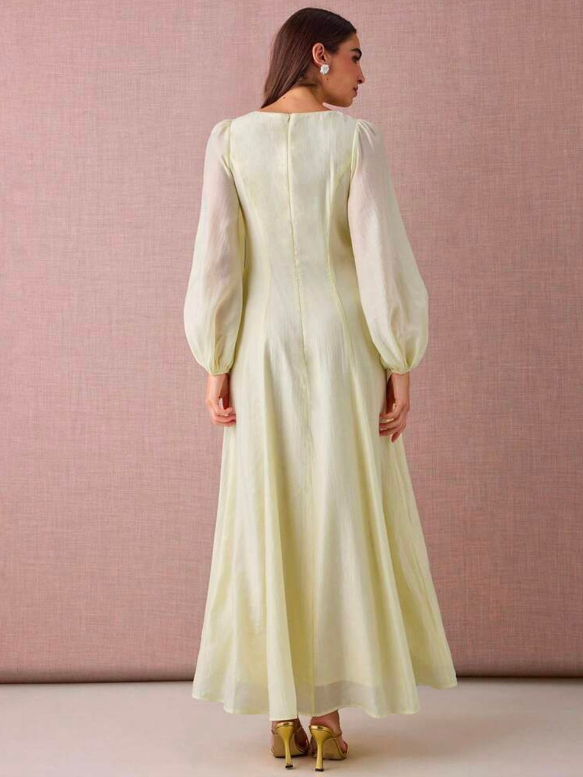 CM-DS915288 Women Elegant Seoul Style Round Neck Lantern Sleeve Pleated Design A-Line Maxi Dress - Yellow