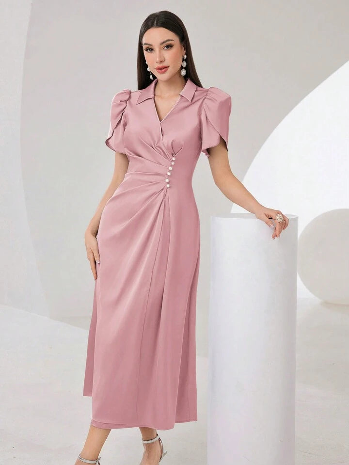 CM-DS447973 Women Elegant Seoul Style Lapel Collar Long Puff Sleeve Ruched A-Line Dress - Pink