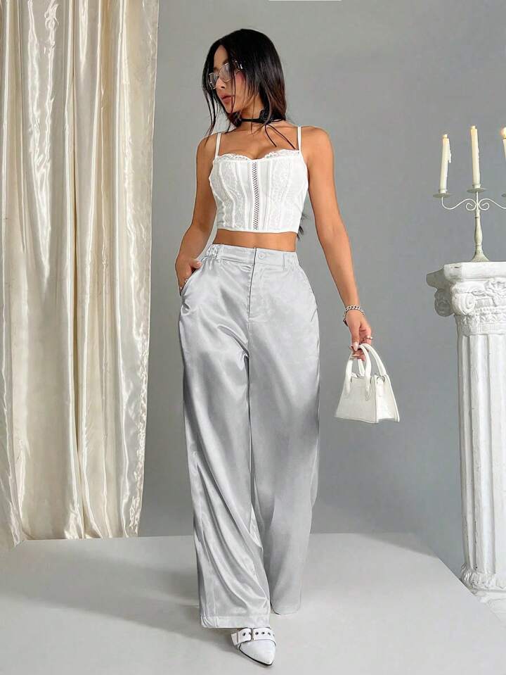 CM-BS678641 Women Casual Seoul Style Satin Elastic Waist Wide Leg Palazzo Pants - Light Gray