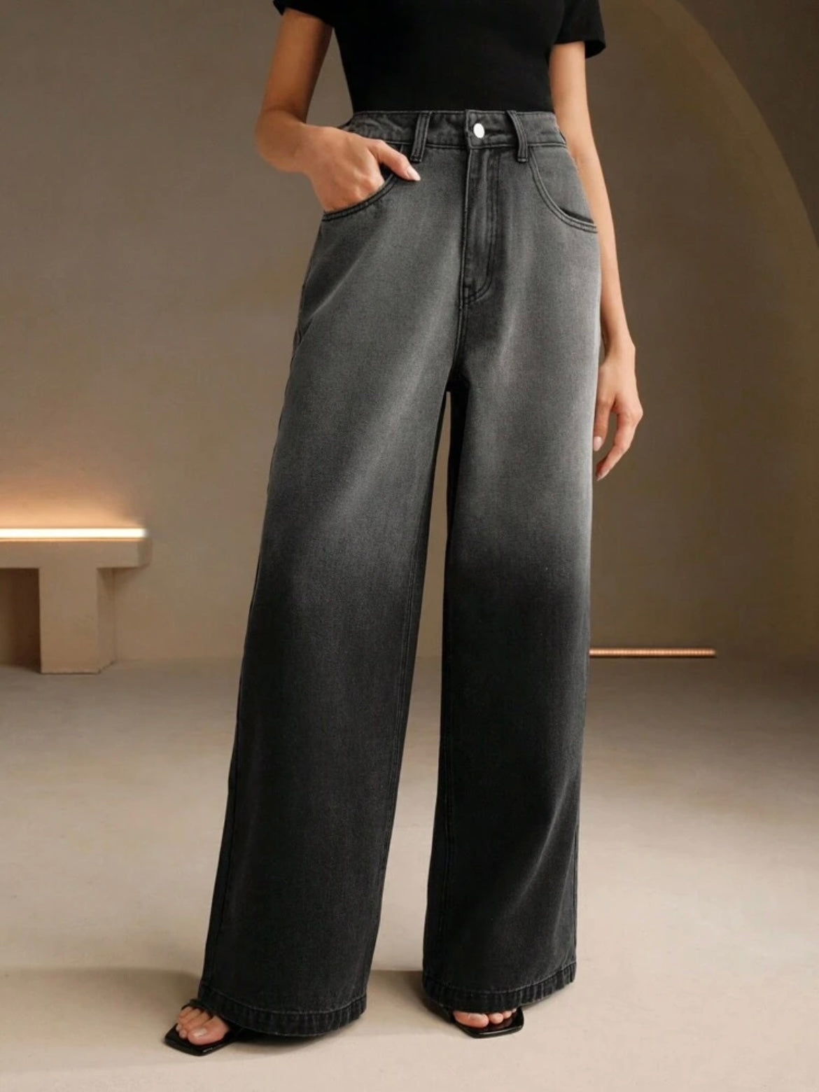 CM-BS998521 Women Casual SeouL Style Tie Dye Tie-Dye High Waist Wide Leg Jeans - Black