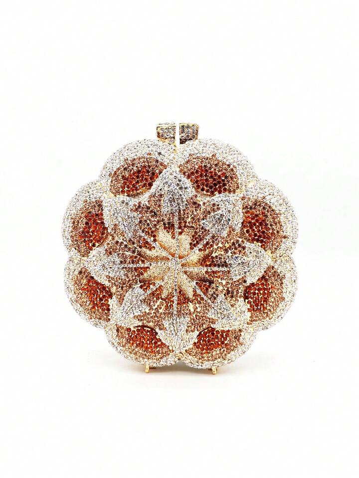 CM-BGS056004 Women Elegant Seoul Style Floral Design Rhinestone Crystal Handmade Clutch Bag - Gold