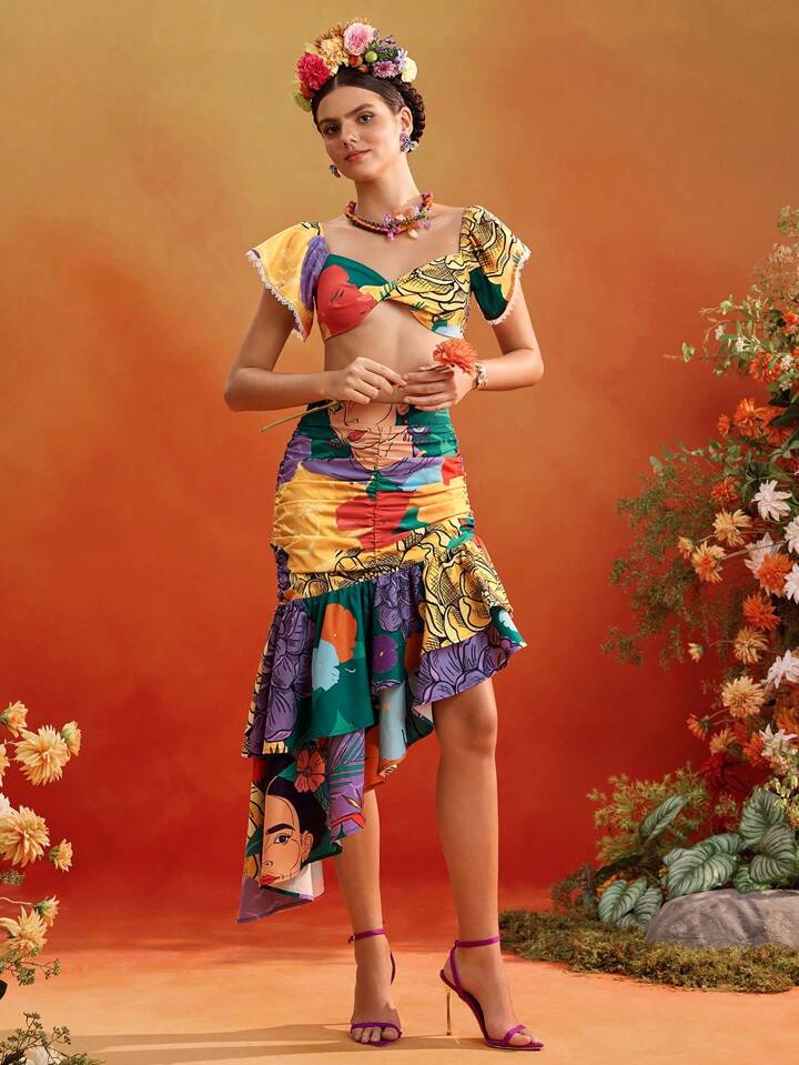 CM-BS361862 Women Elegant Seoul Style Floral Print High Waist Ruffles Layered Ruched Asymmetrical Skirt