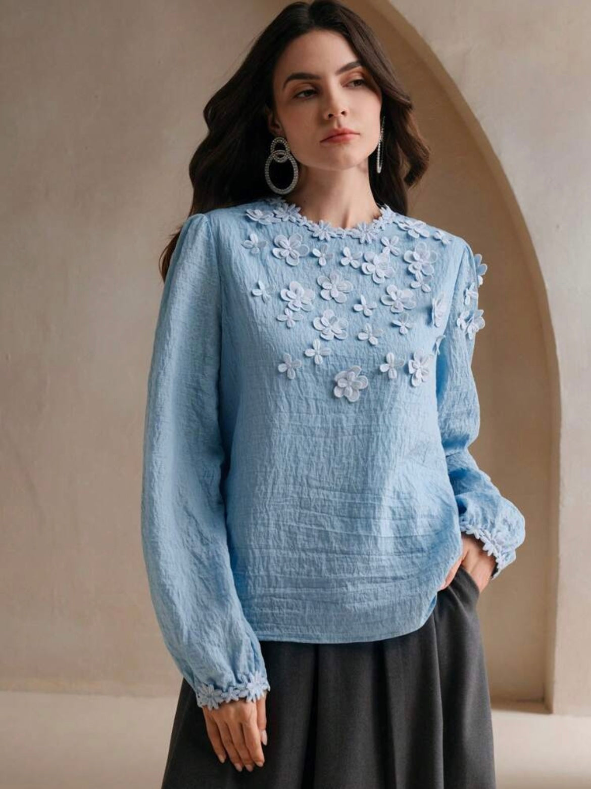 CM-TS969793 Women Elegant Seoul Style Embellished Textural Floral Lantern Sleeve Blouse - Blue
