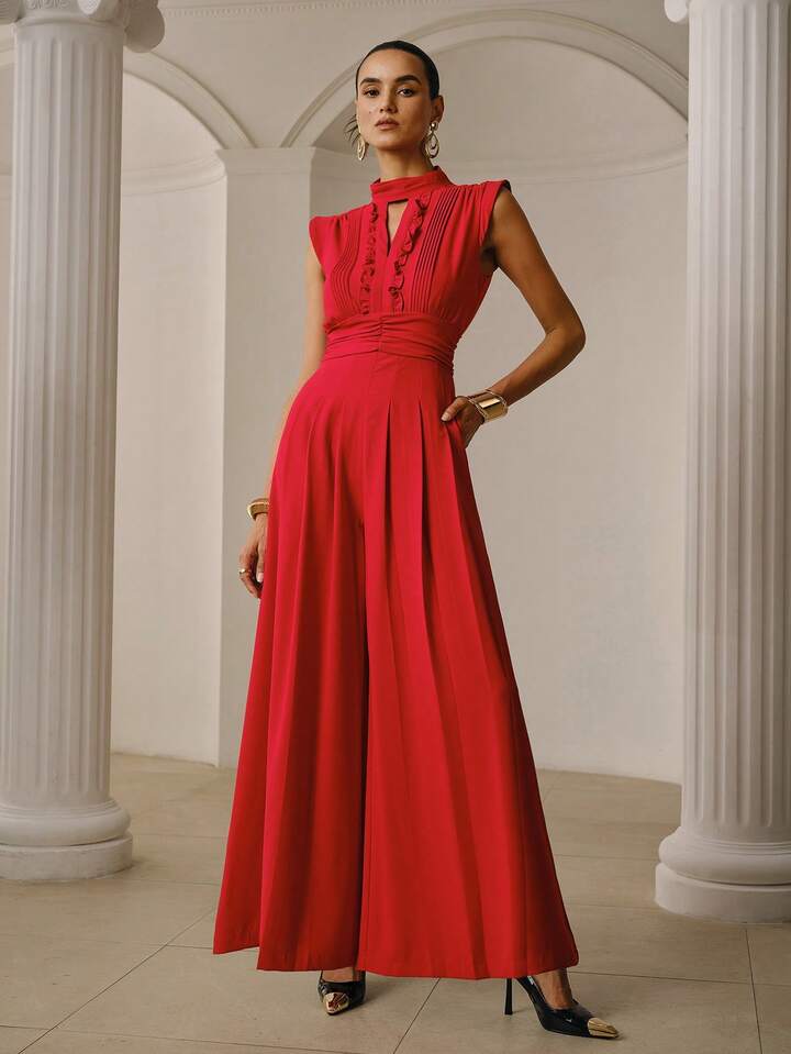 CM-JS328191 Women Elegant Seoul Style Notched Neckline Sleeveless Gathered Wide Leg Jumpsuit - Red