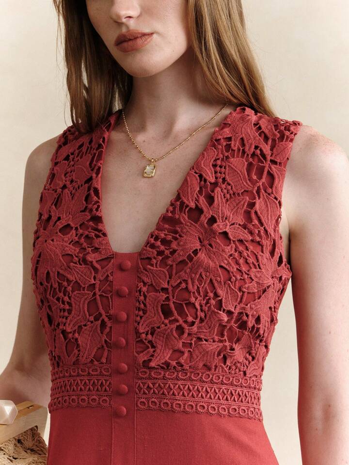 CM-DS111440 Women Trendy Bohemian Style Lace Patchwork V-Neck Sleeveless Waist-Cinched Hollow Trim Maxi Dress