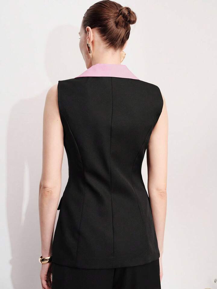 CM-CS074508 Women Elegant Seoul Style Lapel Neckline Sleeveless Contrast Waist Sleeveless Blazer Vest - Black