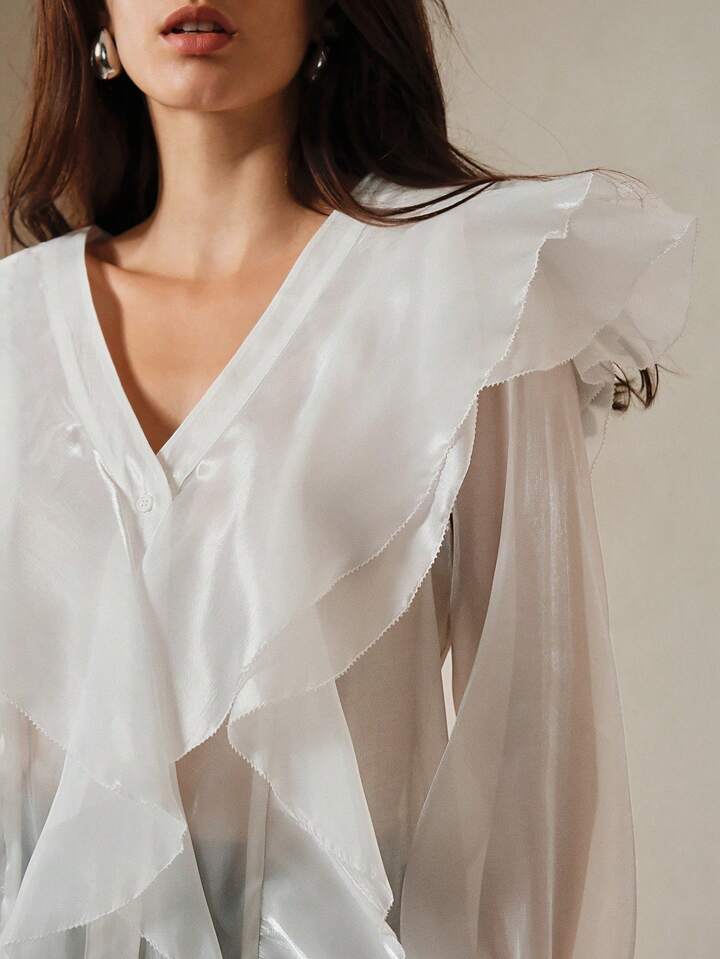 CM-TS150474 Women Elegant Seoul Style V-Neck Multi-Layered Bubble Sleeve Blouse - White