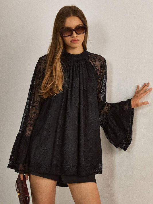 CM-TS633590 Women Elegant Seoul Style Stand Collar Lace Raglan Flare Sleeve Loose Blouse - Black