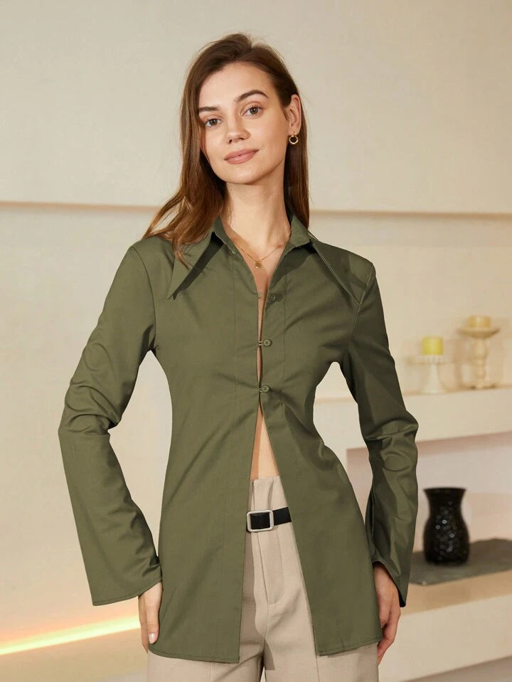 CM-TS510220 Women Elegant Seoul Style Collar Neckline Solid Button Front Shirt - Army Green