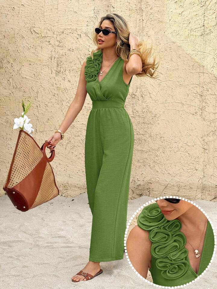 CM-JS623438 Women Trendy Bohemian Style Linen 3D Floral Decor V-Neck Sleeveless Wide Leg Jumpsuit - Green
