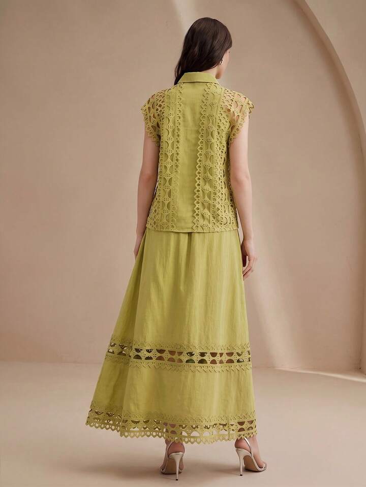 CM-SS636973 Women Elegant Seoul Style Hollow Floral Splice Collar Neckline Sleeveless Shirt With Flared Skirt - Set